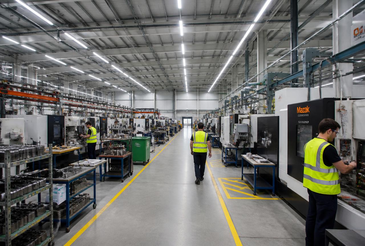 Manufacturing plant with new linear LED lighting installed overhead